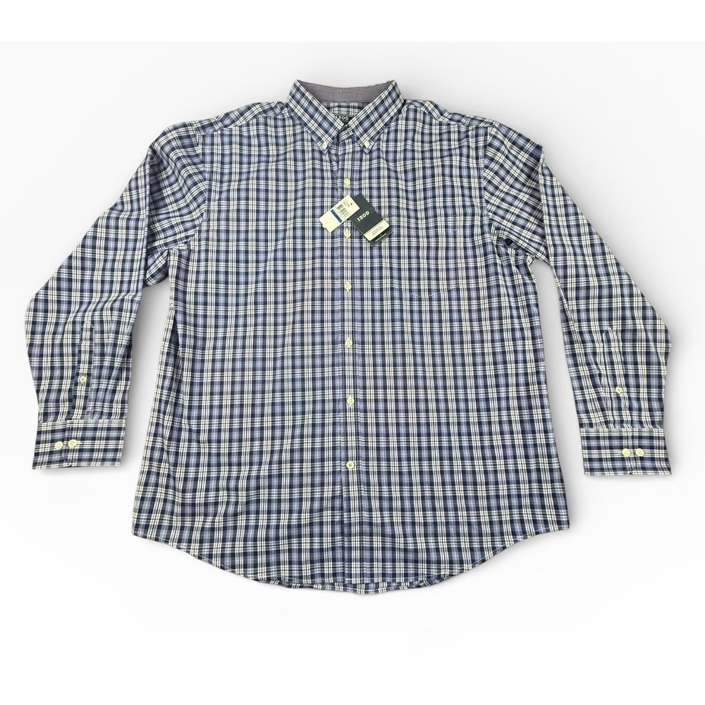 IZOD Button Down Shirt Mens XL Blue Purple Plaid Cotton Stretch Long NEW